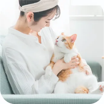 女性が猫を抱いている写真